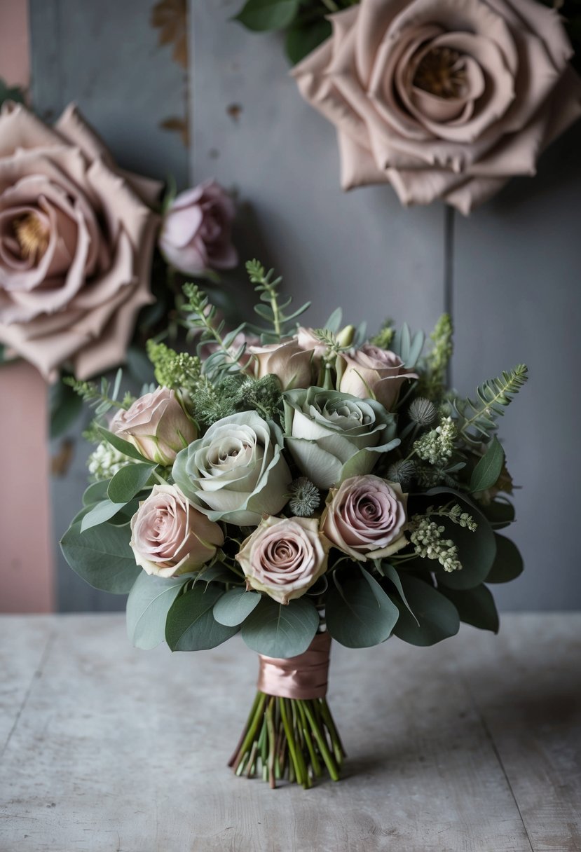 A bouquet of sage green and dusty rose flowers sits against a backdrop of old rose and grey wedding decor