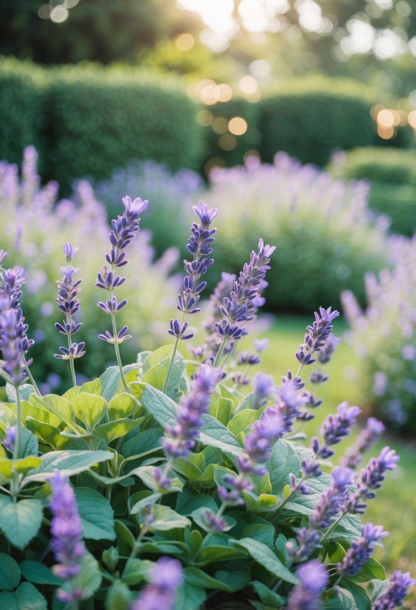 A serene garden with lavender flowers and mint green foliage, bathed in soft, ethereal light