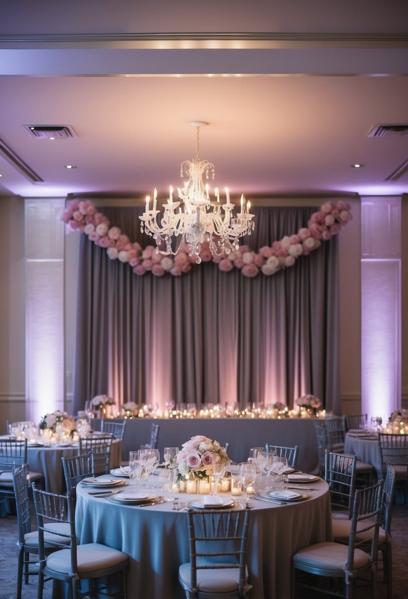 Soft grey and dusty rose lighting illuminates a vintage reception space, adorned with old rose and grey wedding decor