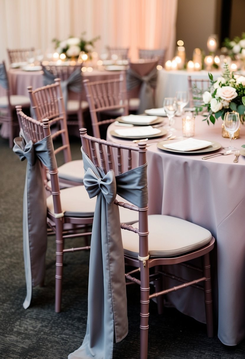 Dusty rose chairs with grey sashes arranged for a wedding reception