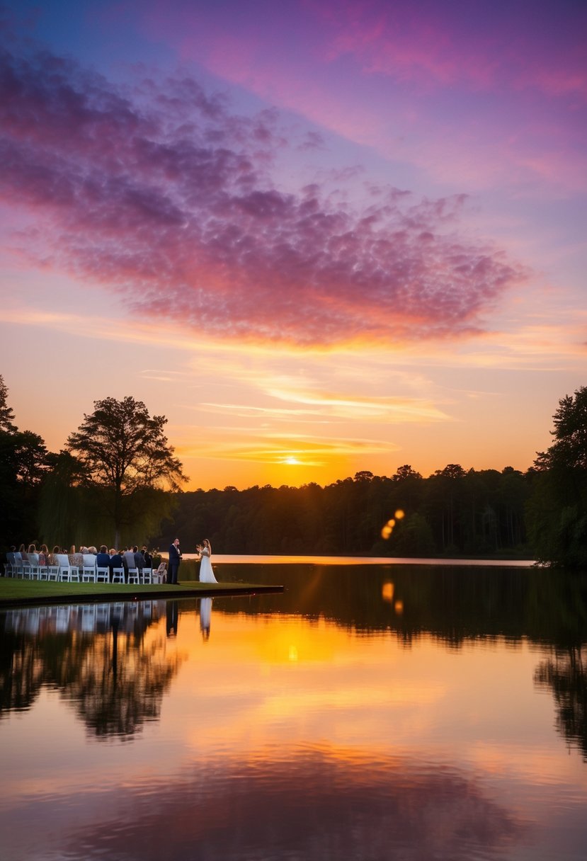 A radiant purple and yellow sunset over a tranquil lakeside wedding ceremony