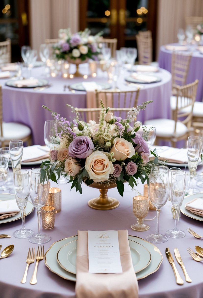 A lavish wedding table setting with pastel purple and champagne-colored linens, elegant floral centerpieces, and delicate glassware