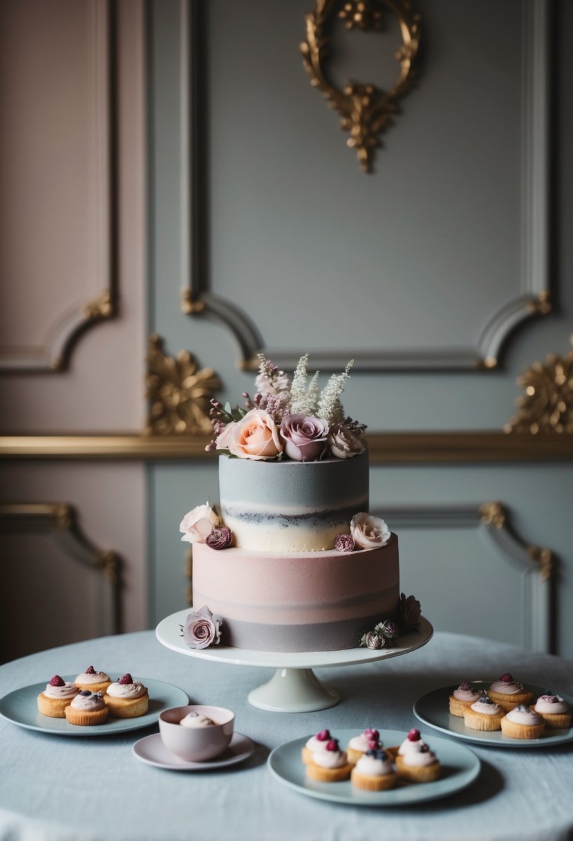 A dessert table adorned in old rose and grey hues, with delicate pastries and floral arrangements