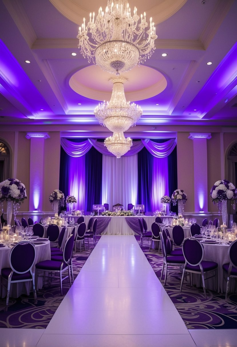 A grand ballroom adorned in royal purple and silver accents for a majestic wedding celebration