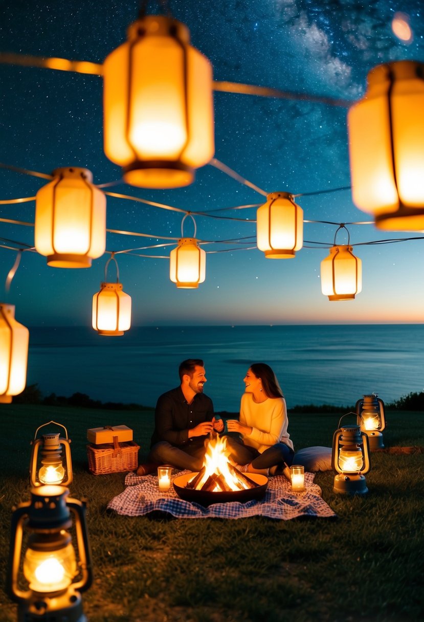 A couple picnicking under a starry sky, surrounded by glowing lanterns and a bonfire, with a view of the moonlit ocean