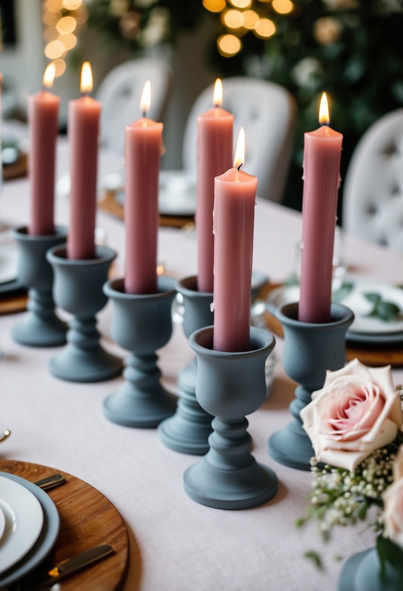 Dusty rose candles in grey holders arranged on a table, with old rose and grey wedding decor