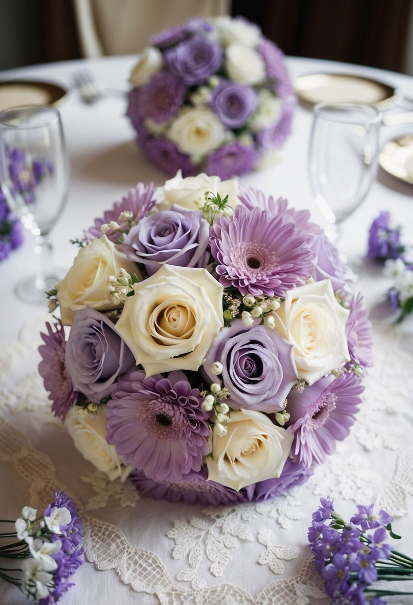 A light lilac and ivory wedding bouquet rests on a lace tablecloth, surrounded by delicate purple and white floral decorations