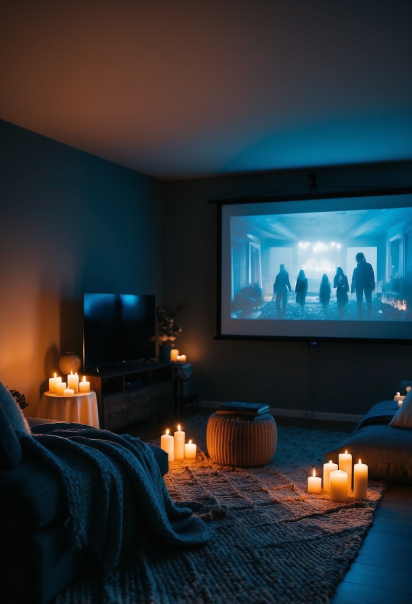 A dimly lit living room with a cozy blanket fort, flickering candles, and a projection screen showing eerie movie scenes