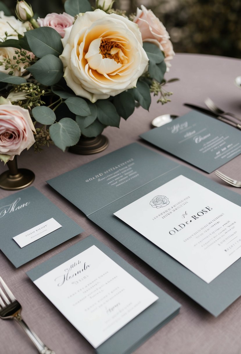 Grey wedding stationary with old rose accents, including invitations, place cards, and menus