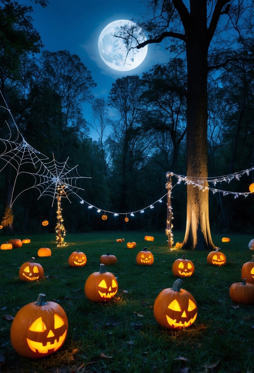 A moonlit forest clearing with glowing pumpkins, spiderwebs, and eerie decorations scattered around for a Halloween-themed scavenger hunt