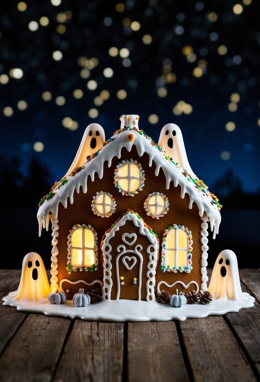 A spooky gingerbread house surrounded by ghostly decorations and eerie lighting, set against a backdrop of a starry summer night