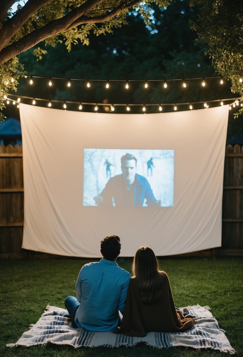 A couple sits on a blanket under string lights, watching a horror movie projected onto a white sheet hung between trees in a backyard