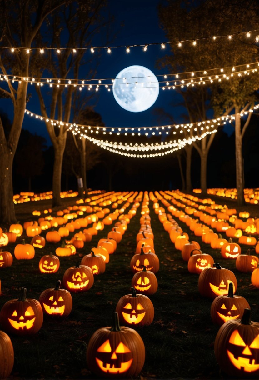 A moonlit pumpkin patch with rows of glowing jack-o'-lanterns. Twinkling fairy lights hang from the trees, casting a warm glow over the scene