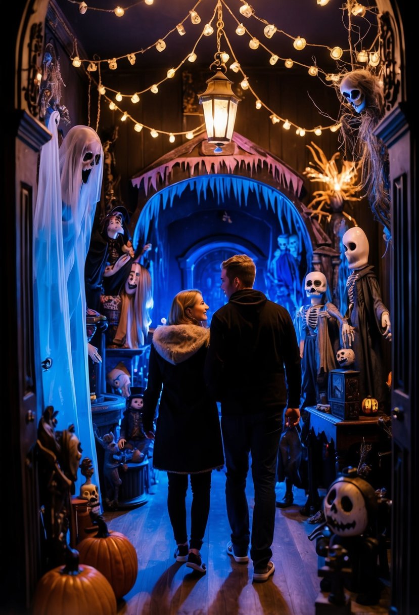 A couple explores a dimly lit haunted house attraction, filled with eerie decor and spooky animatronics. Ghostly figures and creepy props create a chilling atmosphere