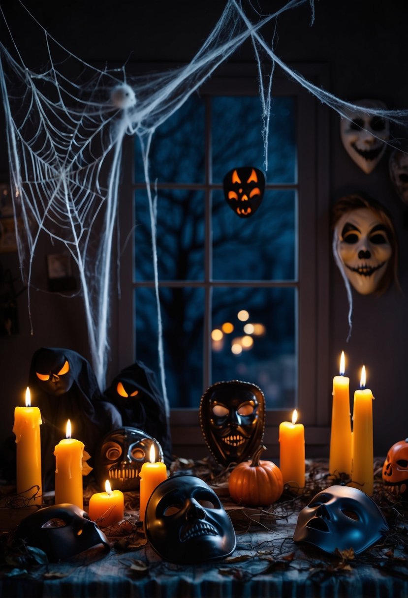 A dimly lit room with eerie decorations, cobwebs, and flickering candles. Creepy masks and costumes are scattered around, creating a spooky atmosphere for a summerween date