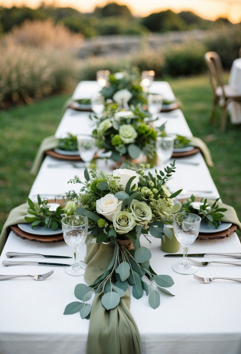 A rustic wedding table adorned with olive and sage green floral arrangements and decor