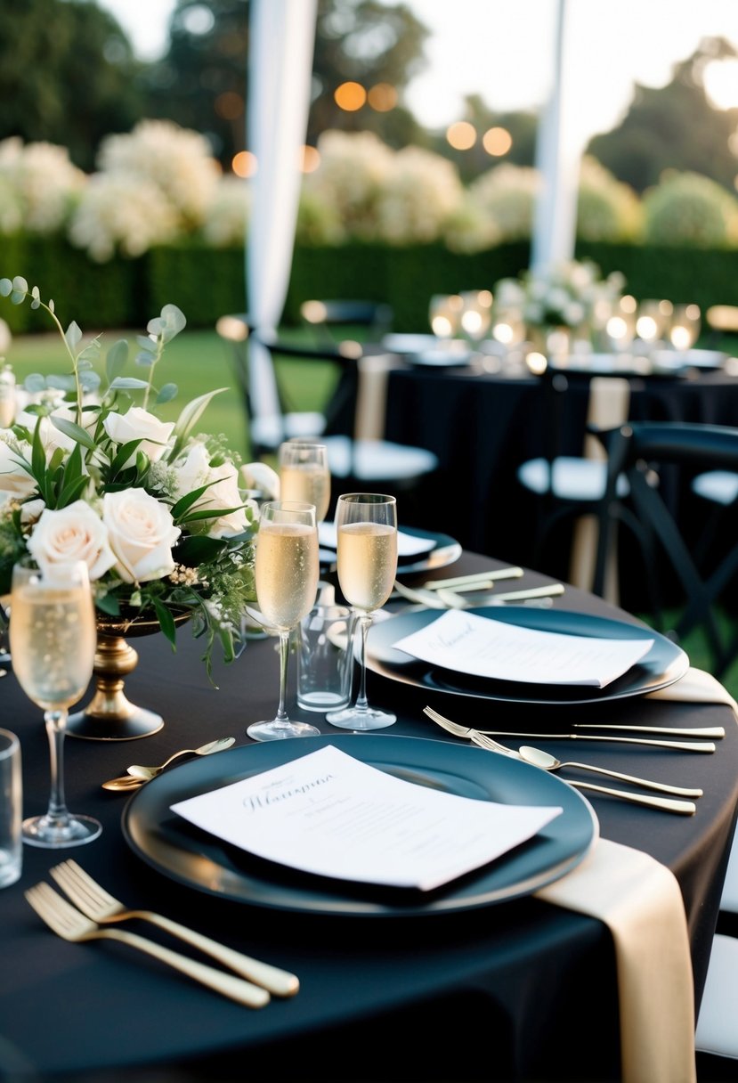 A sleek black and champagne wedding table setting with elegant glassware and floral centerpieces