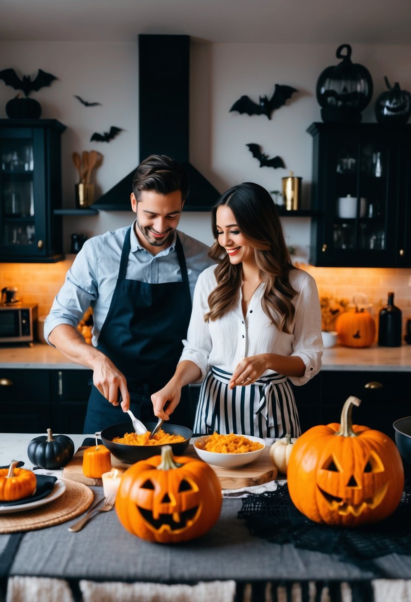 A couple in a cozy kitchen, cooking a Halloween-themed dinner. Spooky decorations, pumpkin carving, and eerie ambiance set the scene for a fun summerween date