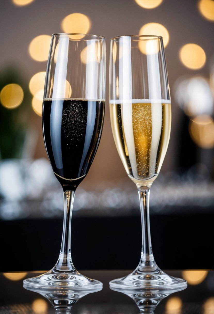 Two elegant champagne flutes, one in black and one in white, clinking together in a celebratory toast