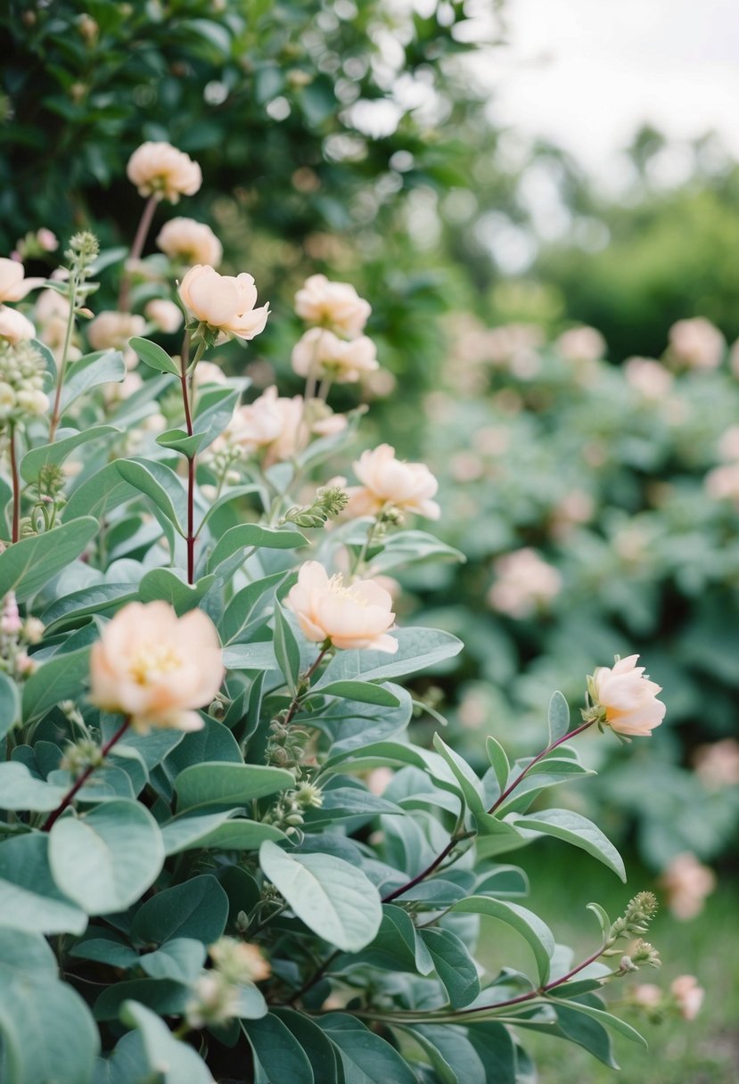 A serene garden with sage green foliage and delicate blush flowers intertwined, creating a romantic and ethereal atmosphere