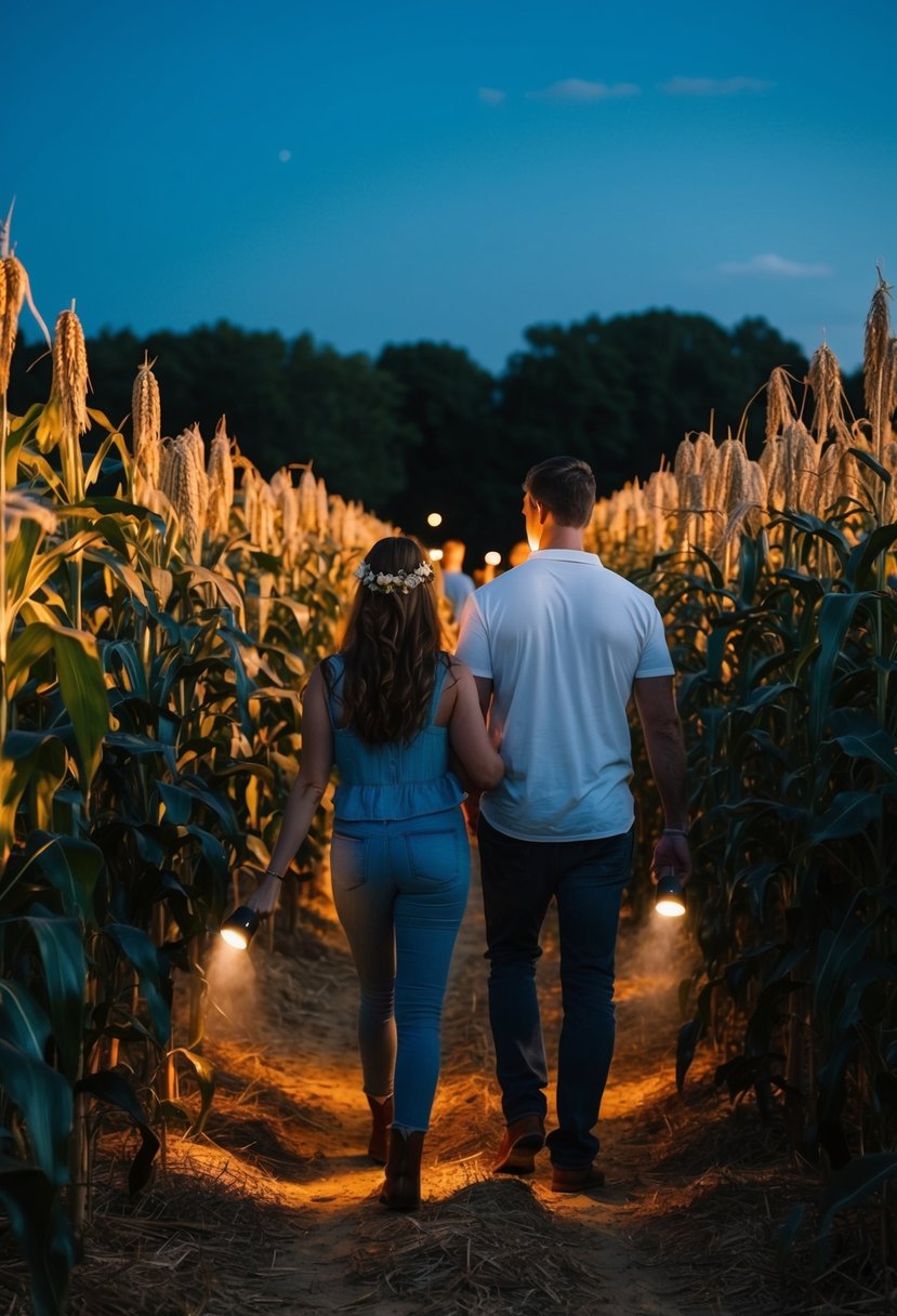 Couples wander a corn maze with flashlights on a summer night