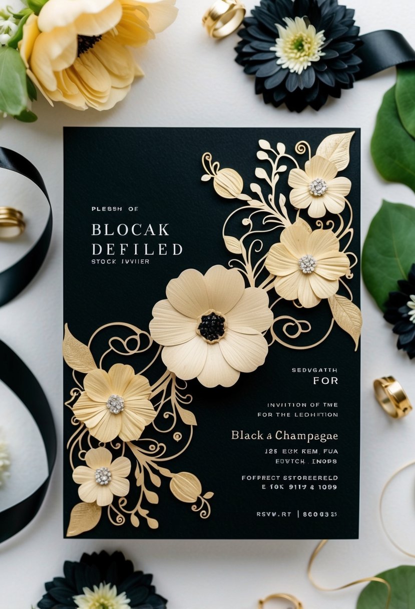 A black and champagne invitation design with elegant floral elements and swirling patterns