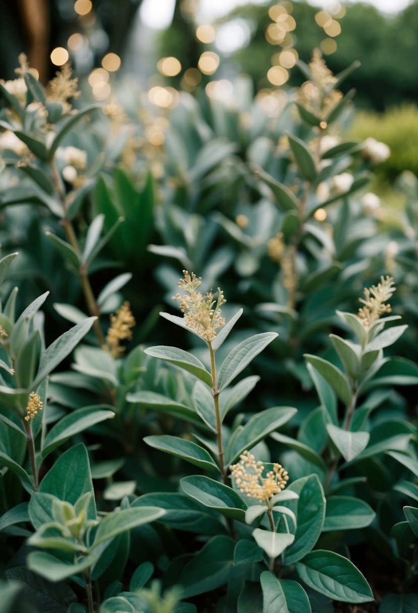 A lush olive green garden with golden accents, featuring sage leaves and delicate gold details in a wedding setting