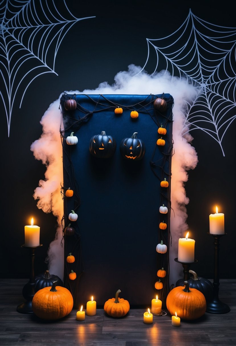 A dark, eerie photo booth adorned with cobwebs, pumpkins, and flickering candles. A fog machine adds an eerie atmosphere to the spooky-themed setting