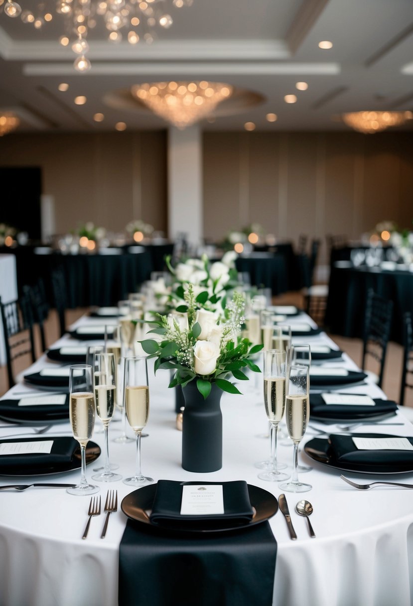 An elegant table setting with black linens, champagne glasses, and black wedding decor