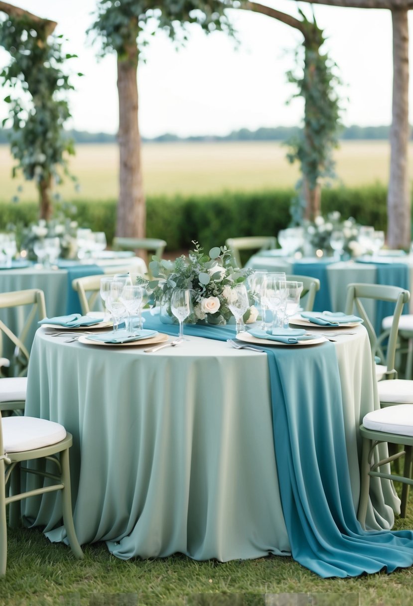 A serene wedding scene with sage and dusty blue decor, incorporating olive and sage accents for a tranquil and elegant atmosphere