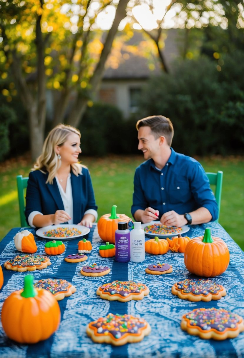 A table covered in Halloween-themed cookies and decorating supplies, with two chairs set up for a couple to sit and create together