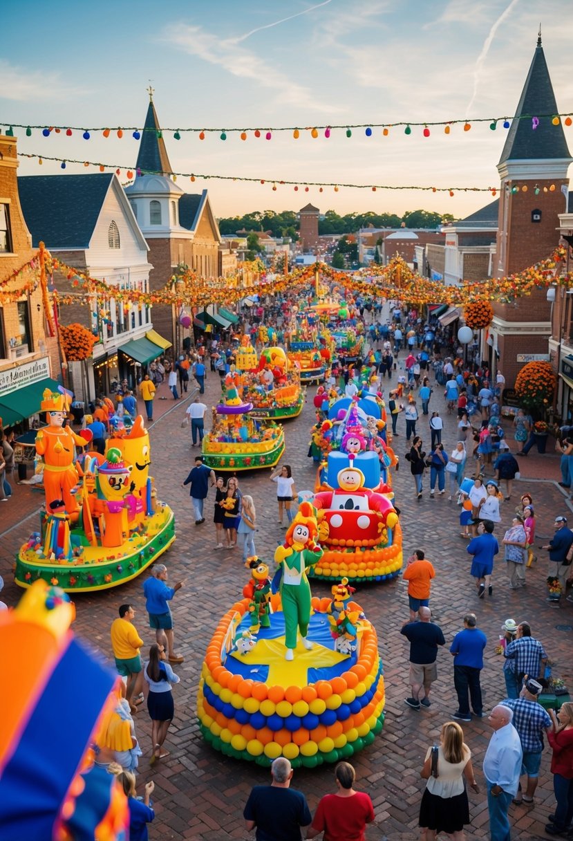 A colorful parade of floats and costumed characters winds through a bustling town square, surrounded by festive decorations and excited couples enjoying the summerween festivities