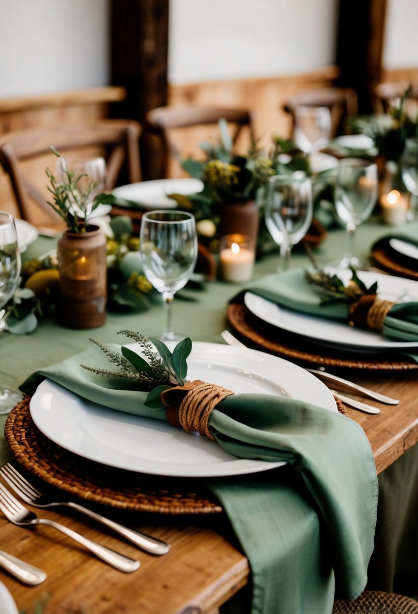 A rustic wedding table set with olive and sage green linens, adorned with brown accents and earthy details