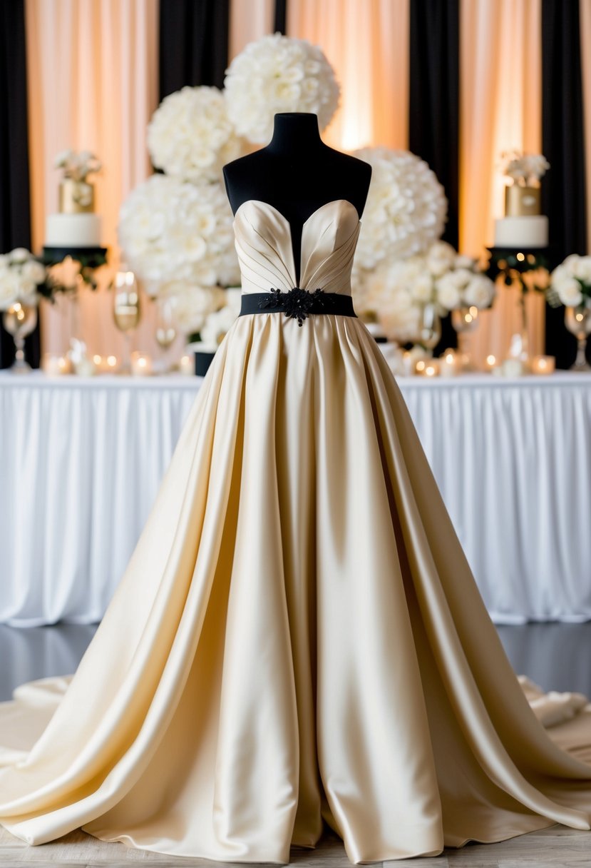 A flowing champagne wedding gown with elegant black accents, set against a romantic backdrop of champagne and black wedding decor