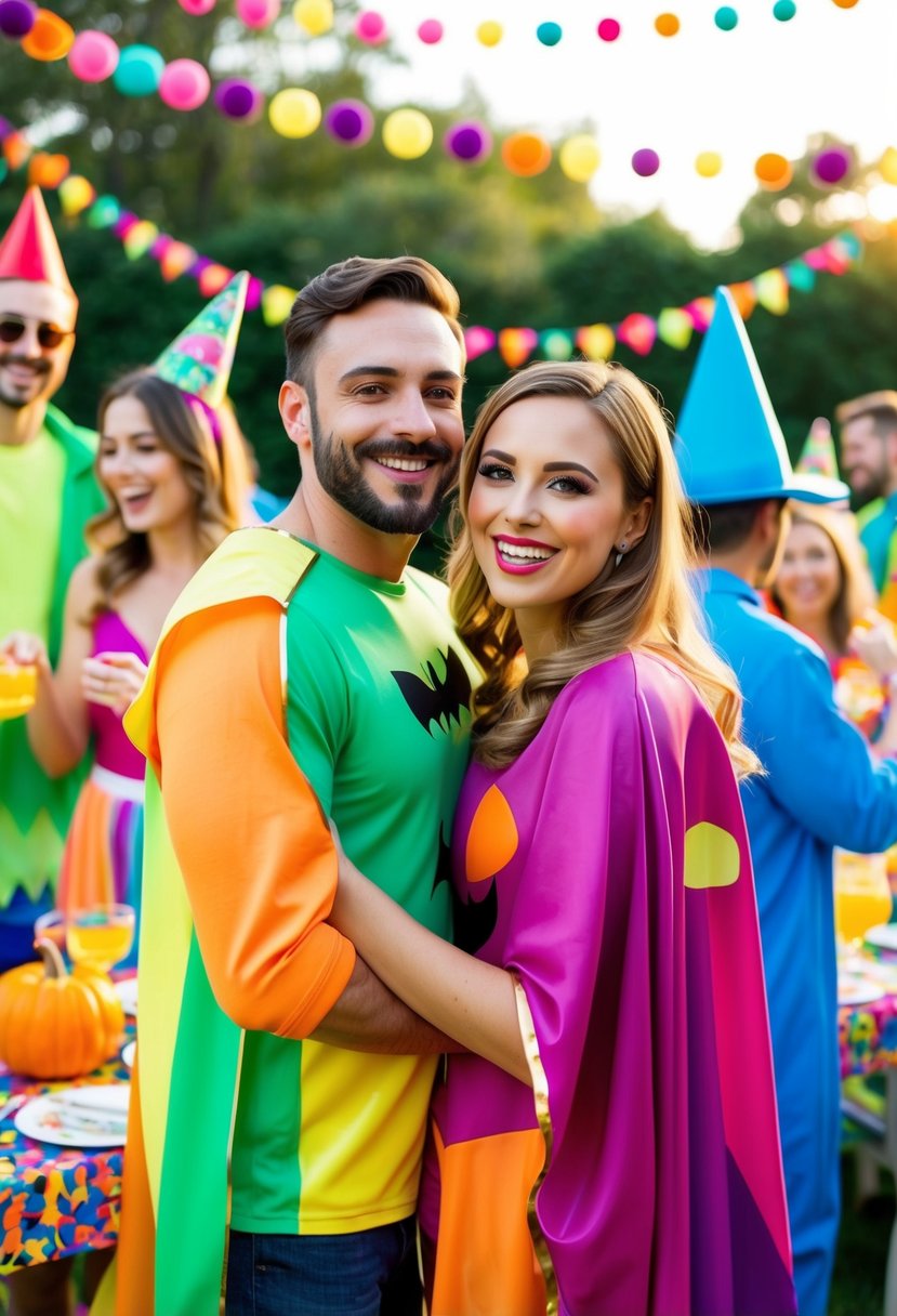 A couple in matching Halloween costumes at a summer-themed party, surrounded by colorful decorations and enjoying festive activities