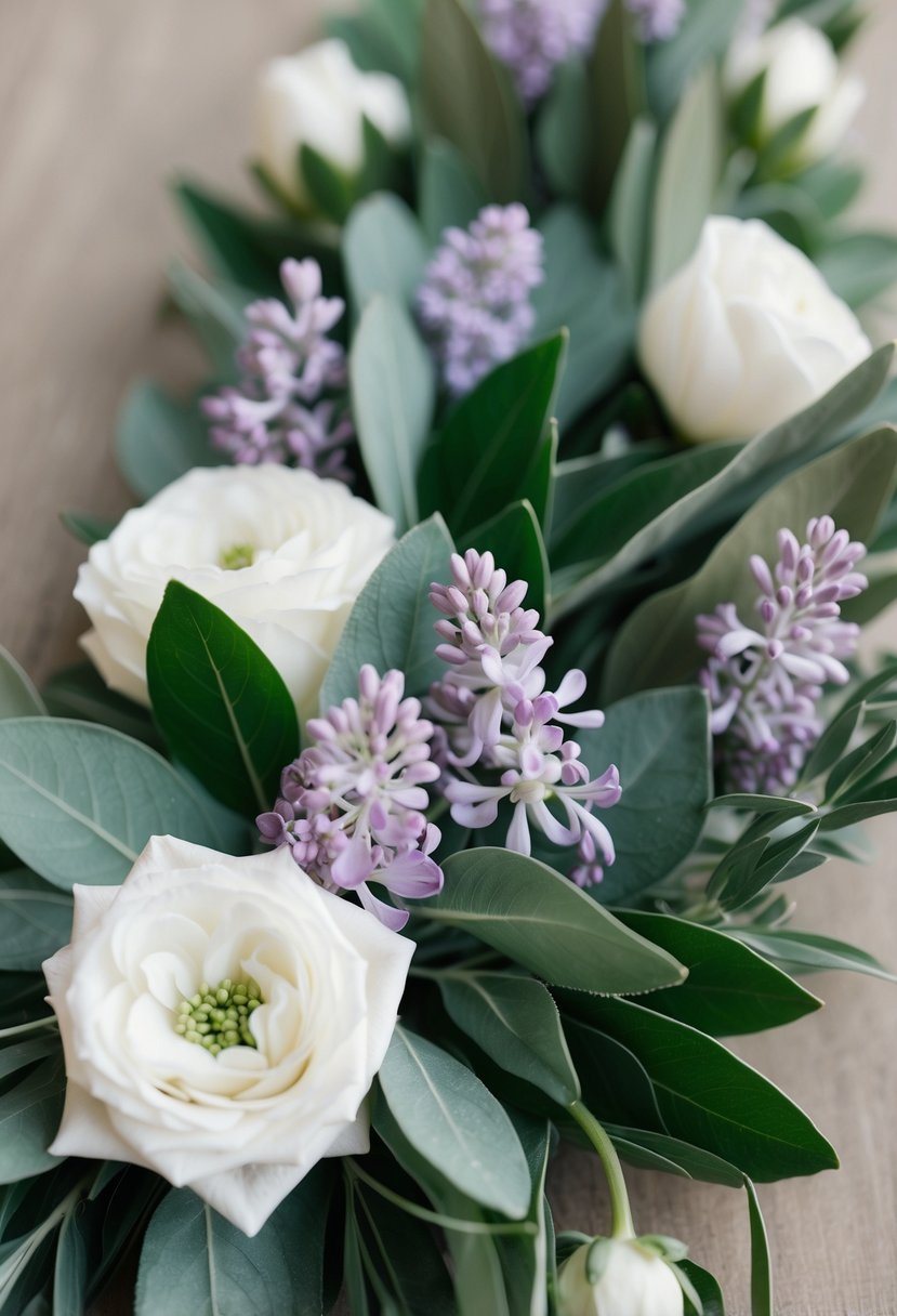 Sage and lilac flowers intertwined with olive leaves, creating a soft and elegant wedding palette