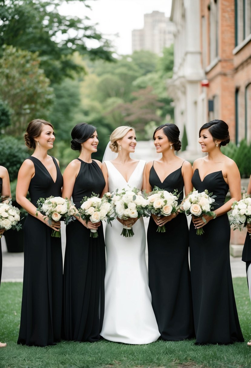 A group of black bridesmaid dresses with champagne-colored bouquets arranged in a stylish and elegant wedding setting