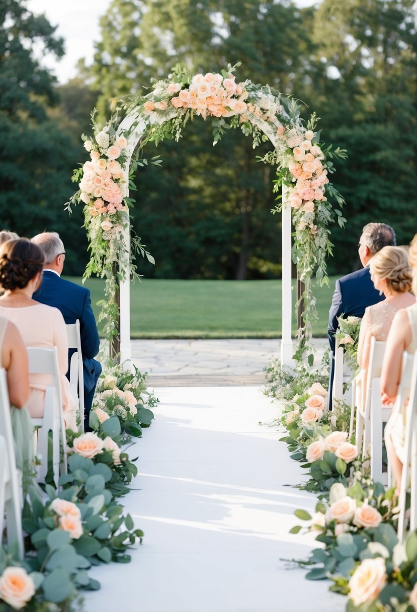 A serene outdoor wedding ceremony with peach florals and sage green foliage adorning the arch and aisle