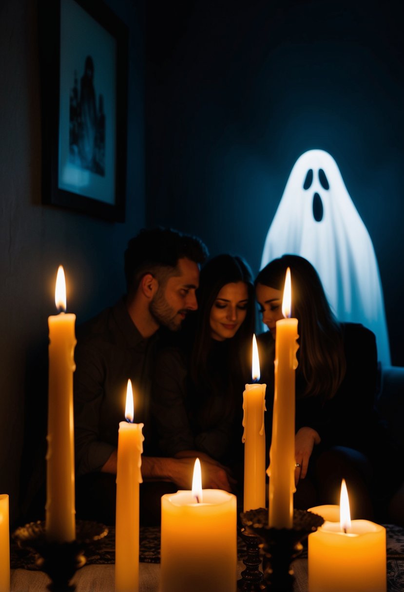 Candles flicker in the dark, casting eerie shadows on the walls. A ghostly figure hovers in the background as a couple huddles together, listening to spine-chilling tales