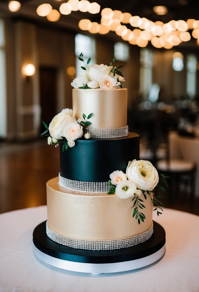 A three-tiered champagne and black wedding cake adorned with elegant floral decorations