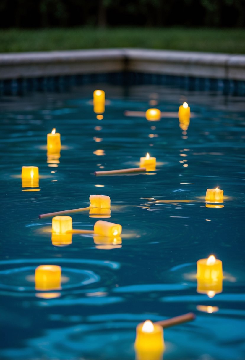 A moonlit pool with glowing sticks scattered in the water, casting an ethereal glow on the rippling surface