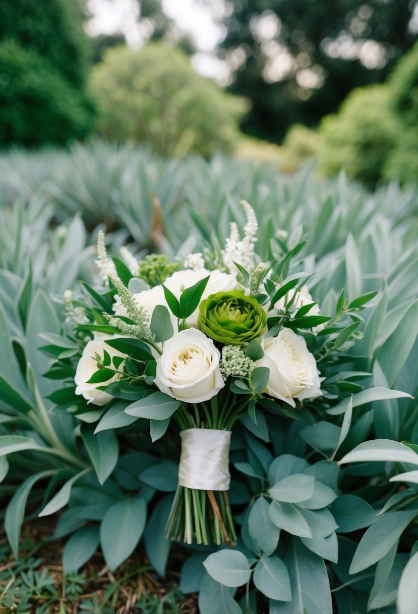 A lush olive green and ivory wedding bouquet nestled in sage green foliage