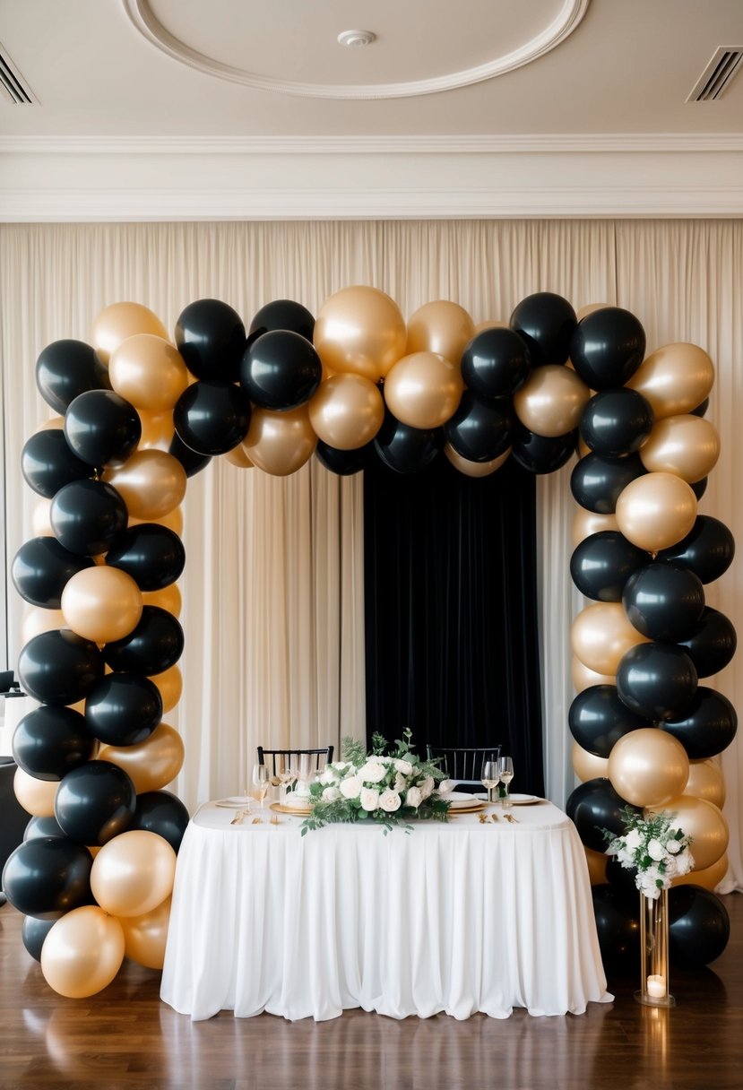 A grand balloon arch in black and champagne, creating an elegant wedding backdrop