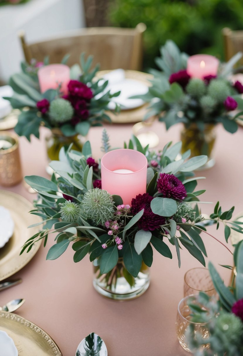 Olive and sage arrangements with pink accents for a wedding theme