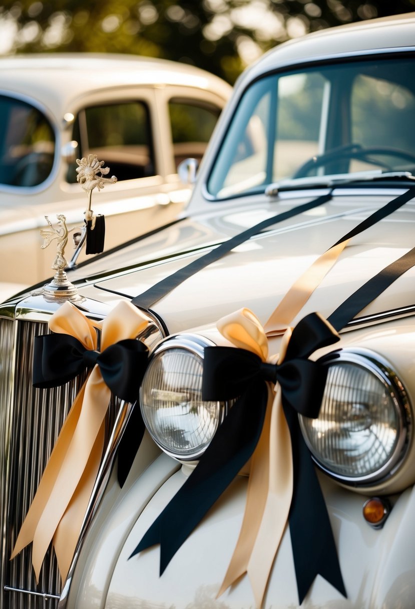 A vintage car adorned with black and champagne ribbons for a wedding celebration