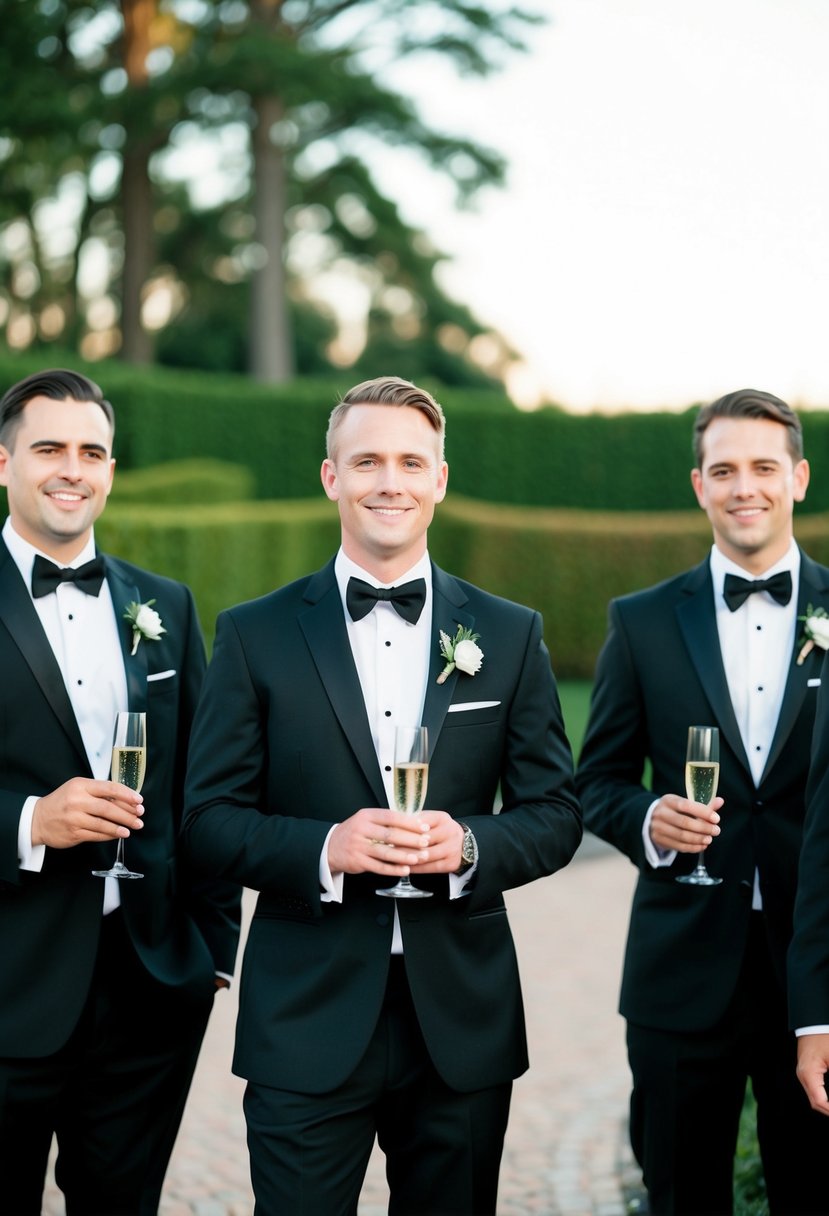 Groomsmen in black tuxedos holding champagne glasses