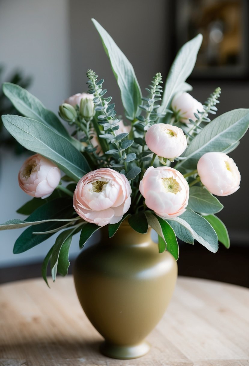 A bouquet of pale pink flowers and sage leaves arranged in an elegant, olive-colored vase