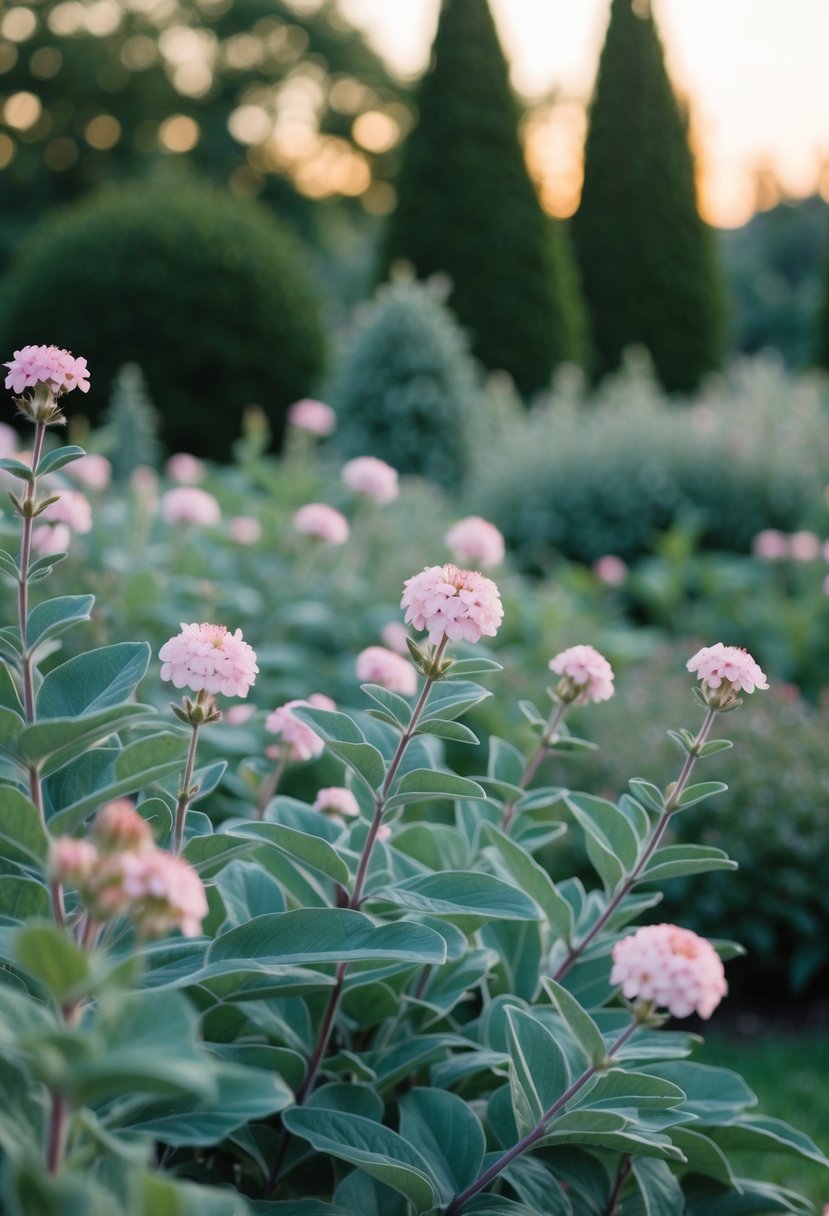 A serene garden with sage green foliage and sweet pink flowers in the soft light of dusk