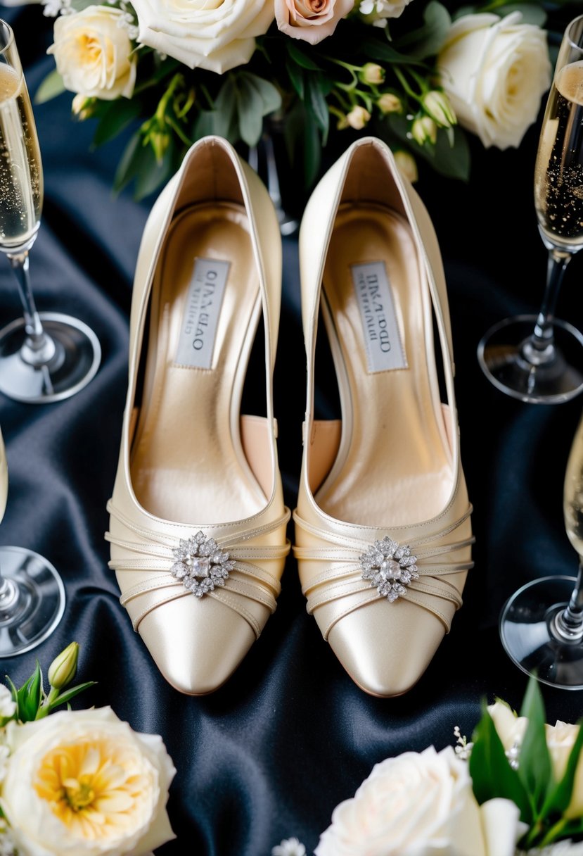 A pair of champagne-colored wedding shoes on a black satin background, surrounded by elegant floral arrangements and sparkling champagne glasses