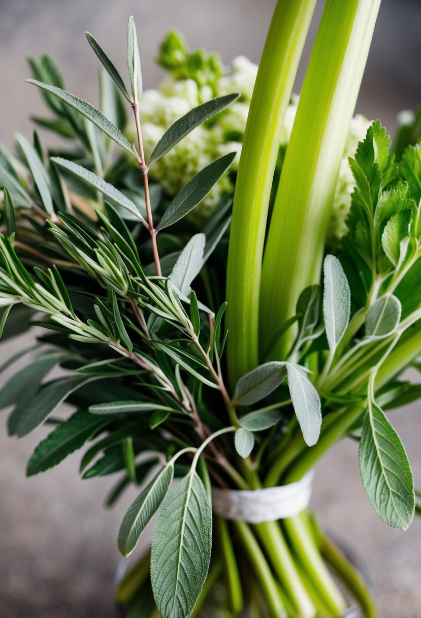 A lush bouquet of olive branches, sage leaves, and celery stalks, creating a fresh and natural color palette for a wedding theme